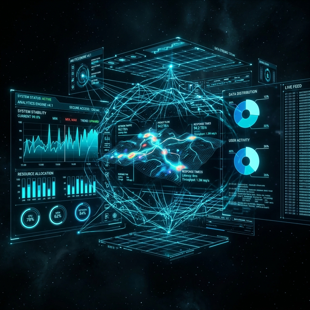 A high tech dashboard interface floating in a dark environment displaying complex analytics, glowing cyan lines and digital charts representing fast data tracking, unreal engine 5 render